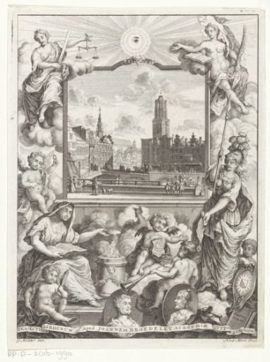 City view with the Dom Church in Utrecht and an allegory with the maid of Utrecht
