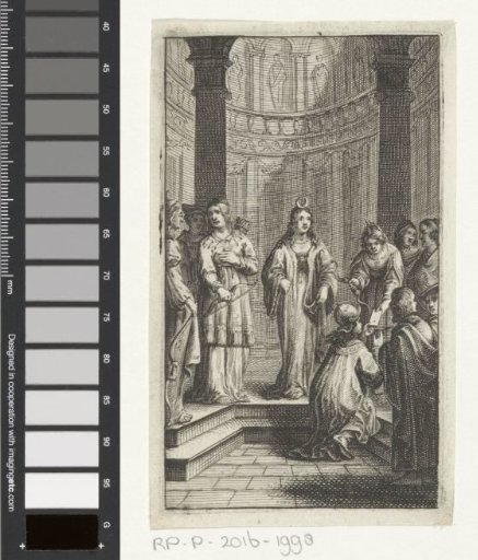 Kneeling figure presenting a letter to a female hunter in the presence of Diana