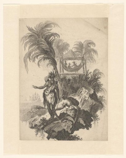 Man and woman with feathered headdress in a landscape
