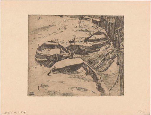 Three snow-covered rowing boats by a quay