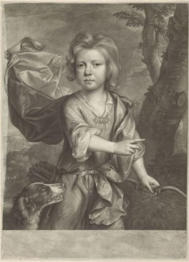 Portrait of a pointing boy with bow and quiver