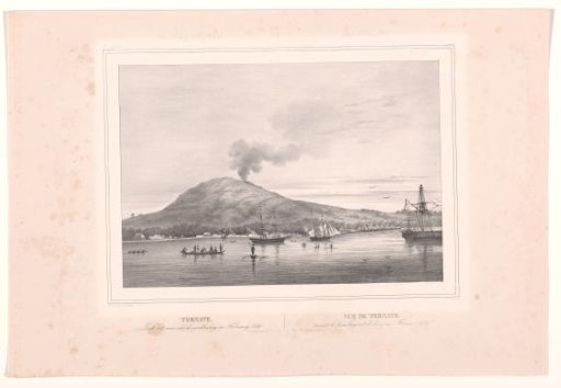 View of the island of Ternate with the smoking volcano Gamalama