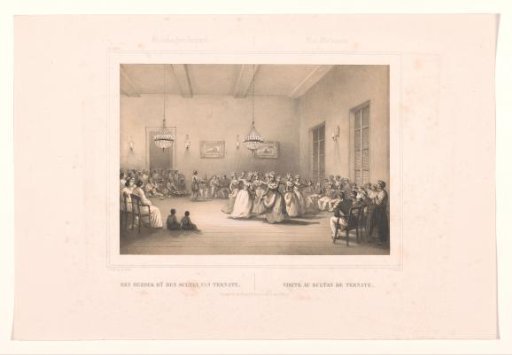 Interior in the Dutch East Indies with dancing women, musicians, and spectators