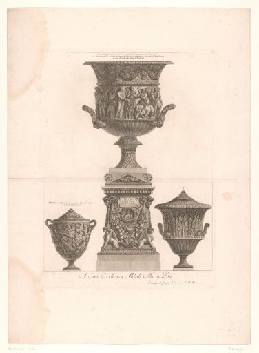 Three vases, one on a pedestal