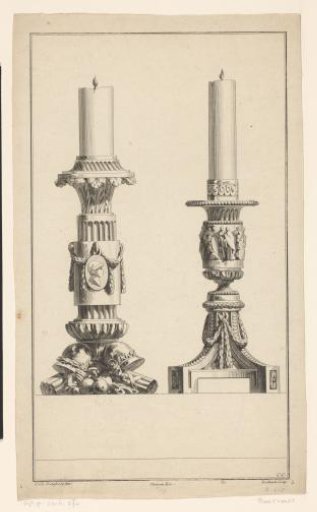 Candlesticks with coats of arms and figures