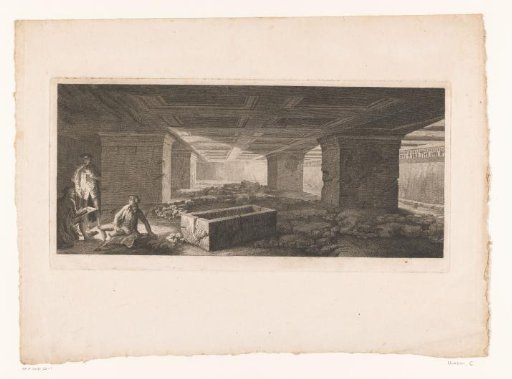 Etruscan tomb chamber in Tarquinia with a draftsman on the left illuminated by a torch
