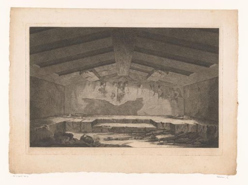 Etruscan tomb chamber in Tarquinia with a wall painting of a procession on the back wall