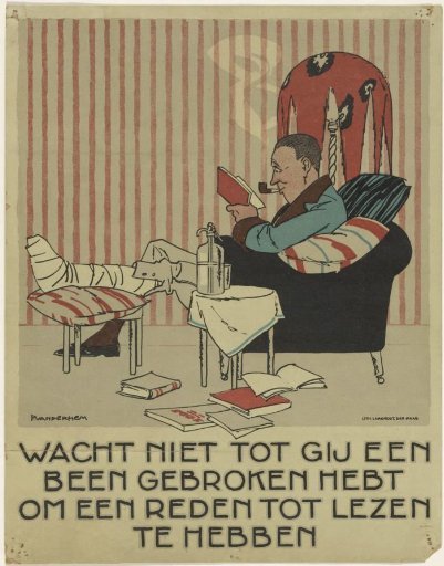 Reading man with a broken leg in an armchair