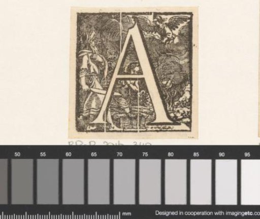 Letter A in a frame with a depiction of Abraham sacrificing Isaac