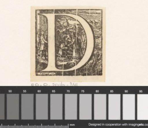 Letter D in a frame with a depiction of David being anointed king by Samuel