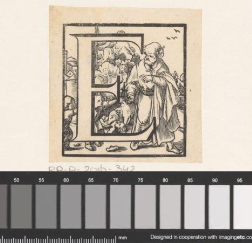 Letter E in a frame with a depiction of the punishment of the children who mocked Elisha