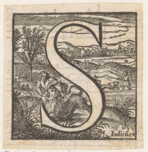Letter S in a frame with a depiction of Samson killing the lion with his bare hands