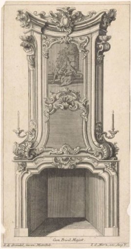 Design for a fireplace with a depiction of a musical couple