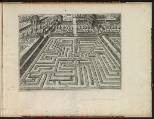 Garden with a rectangular parterre featuring a circular compartment with a tree in the center