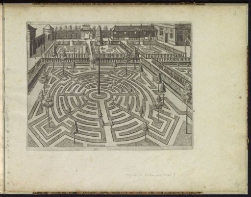 Garden with a large round parterre and four smaller beds