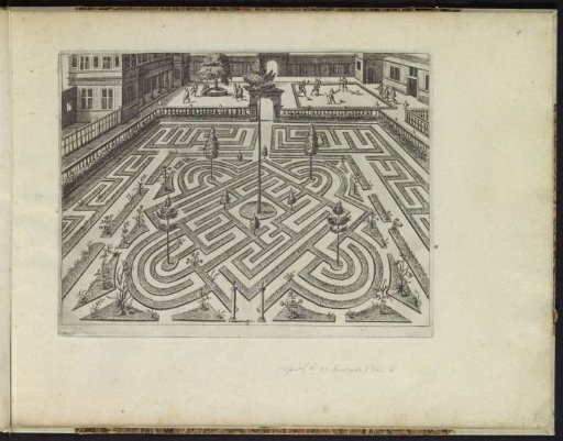 Garden with geometric parterre and bowling players