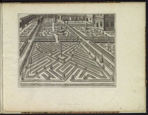 Garden with various parterres, surrounded by balustrades