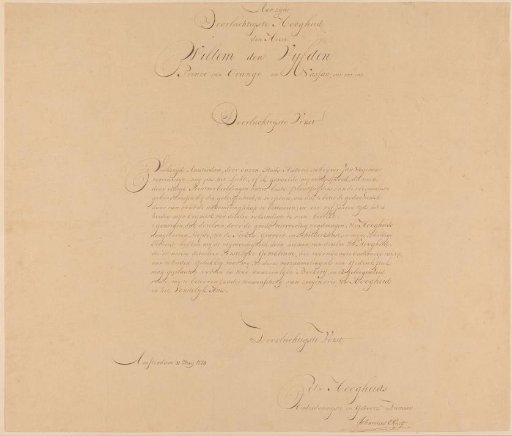 Dedication accompanying a print series on the visit of stadtholder William V and Wilhelmina of Prussia to Amsterdam in 1768