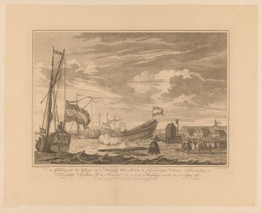 Launching of the ship De Zon in the presence of William V of Orange-Nassau and Wilhelmina of Prussia
