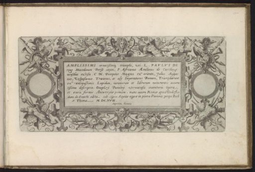 Title print with ornamental frame featuring armor and scrollwork
