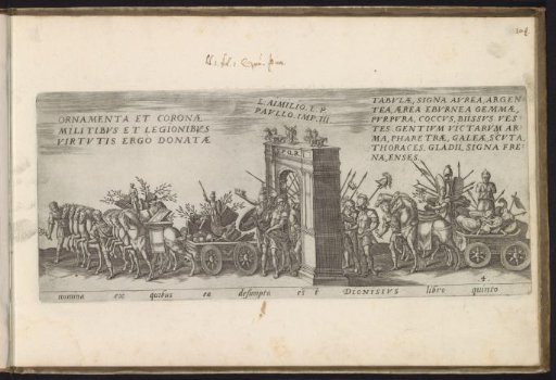 Triumphal procession with wagons carrying war booty passing under a triumphal arch