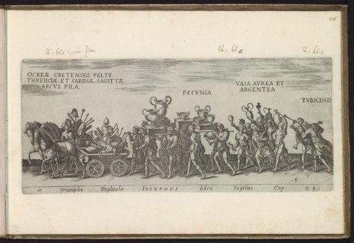 Triumphal procession with wagons carrying war booty and men carrying craters with coins