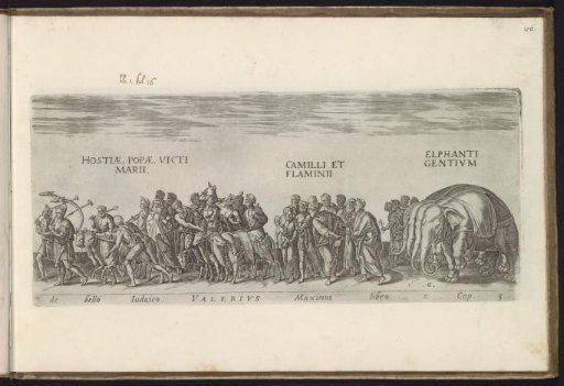 Triumphal procession with men, oxen, and elephants