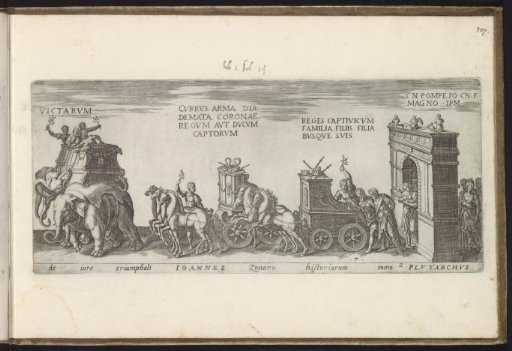 Triumphal procession with elephants, triumphal cars and a triumphal arch