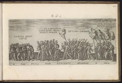 Triumphal procession with prisoners, soldiers, lictors and priests