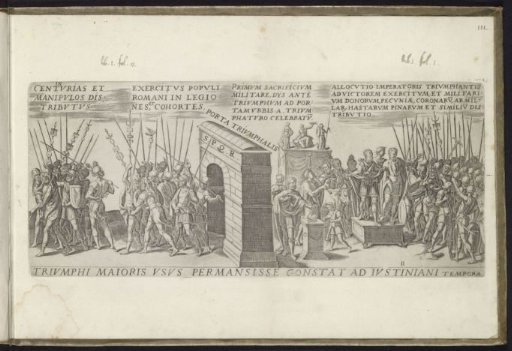 Triumphal procession with soldiers passing under a triumphal arch