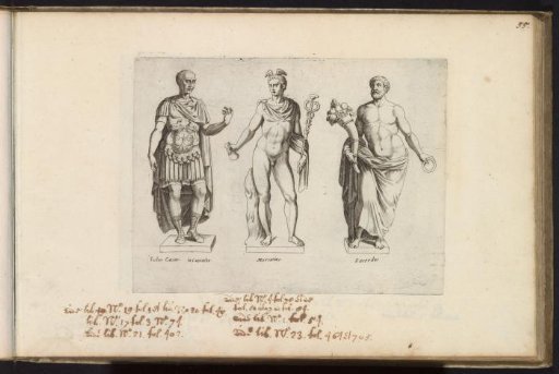 Sculptures of Julius Caesar, Mercury, and a priest with a cornucopia