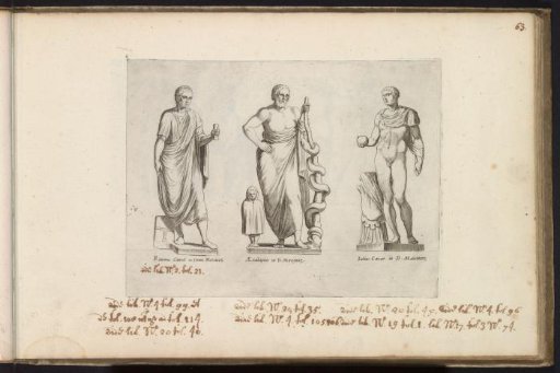 Sculptures of a Roman consul, Asclepius, and Julius Caesar