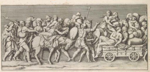 Part of a triumphal procession with soldiers, women, children, and equipment