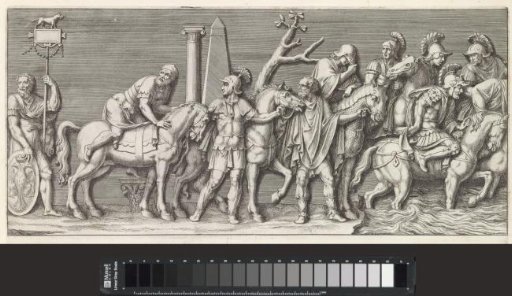 Part of a triumphal procession with soldiers on horseback crossing a river