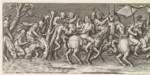 Part of a triumphal procession with soldiers on horseback crossing a river