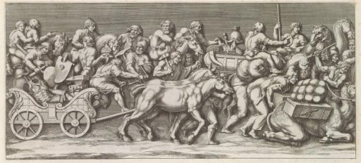 Part of a triumphal procession with soldiers and horses drawing carts with equipment