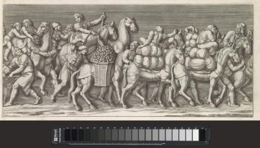 Part of a triumphal procession with soldiers, camels, and donkeys