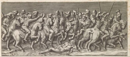 Part of a triumphal procession with soldiers on horseback crossing a river