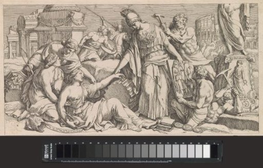 Title print with Minerva helping Victoria to rise, while Barbarians destroy Roman monuments around them
