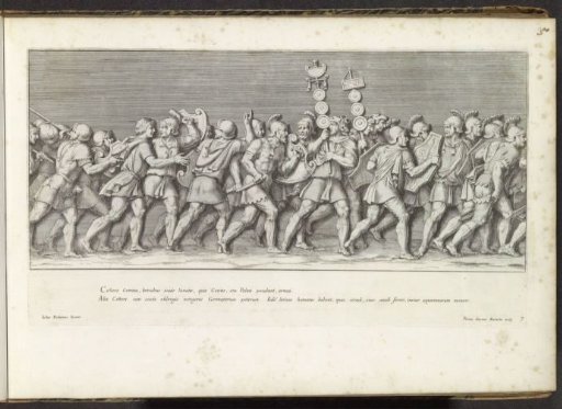 Part of a triumphal procession with soldiers crossing a river