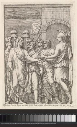 Relief with a Roman giving a globe to a bearded man