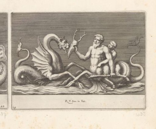 Triton holding a skull before a sea monster