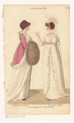 Magazine of Female Fashions of London and Paris. No. 36. London Feb., 1801: Walking Dress; Evening Dress