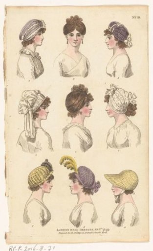 Magazine of Female Fashions of London and Paris. No. 19: London head dresses, Sept. 1799