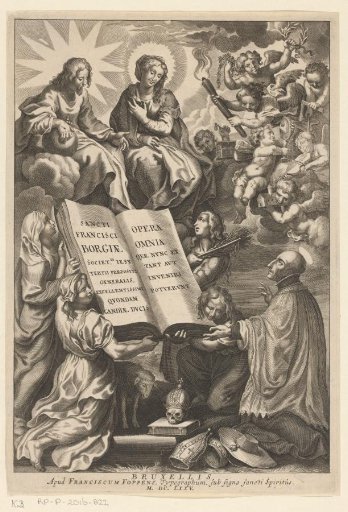 Author presents a book to Christ and Mary