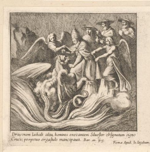 Pope Sylvester I chains a dragon and Constantine greets his mother