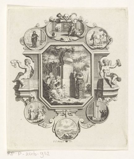 Cartouche with a tomb in a landscape