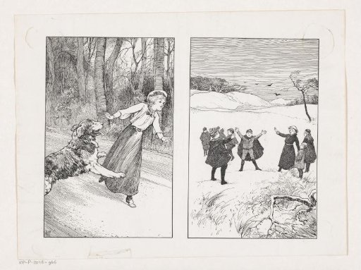 Girl startled by a dog and children in a landscape