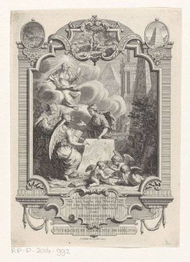 Cartouche with an allegorical representation of Truth, a writing woman, and a celestial map