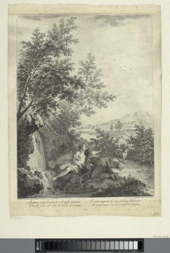 Landscape with two women and a dog by a waterfall